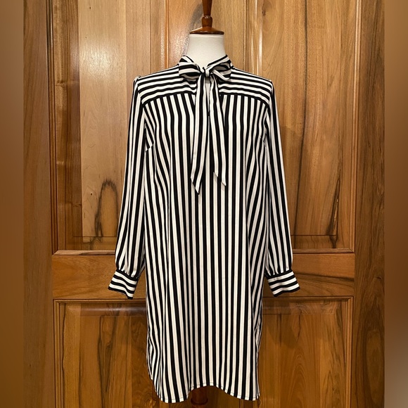 LOFT - Black & White Striped Long-SleeveShirt-Dress/Bow Tied at Neck - EUC - S - Picture 1 of 14